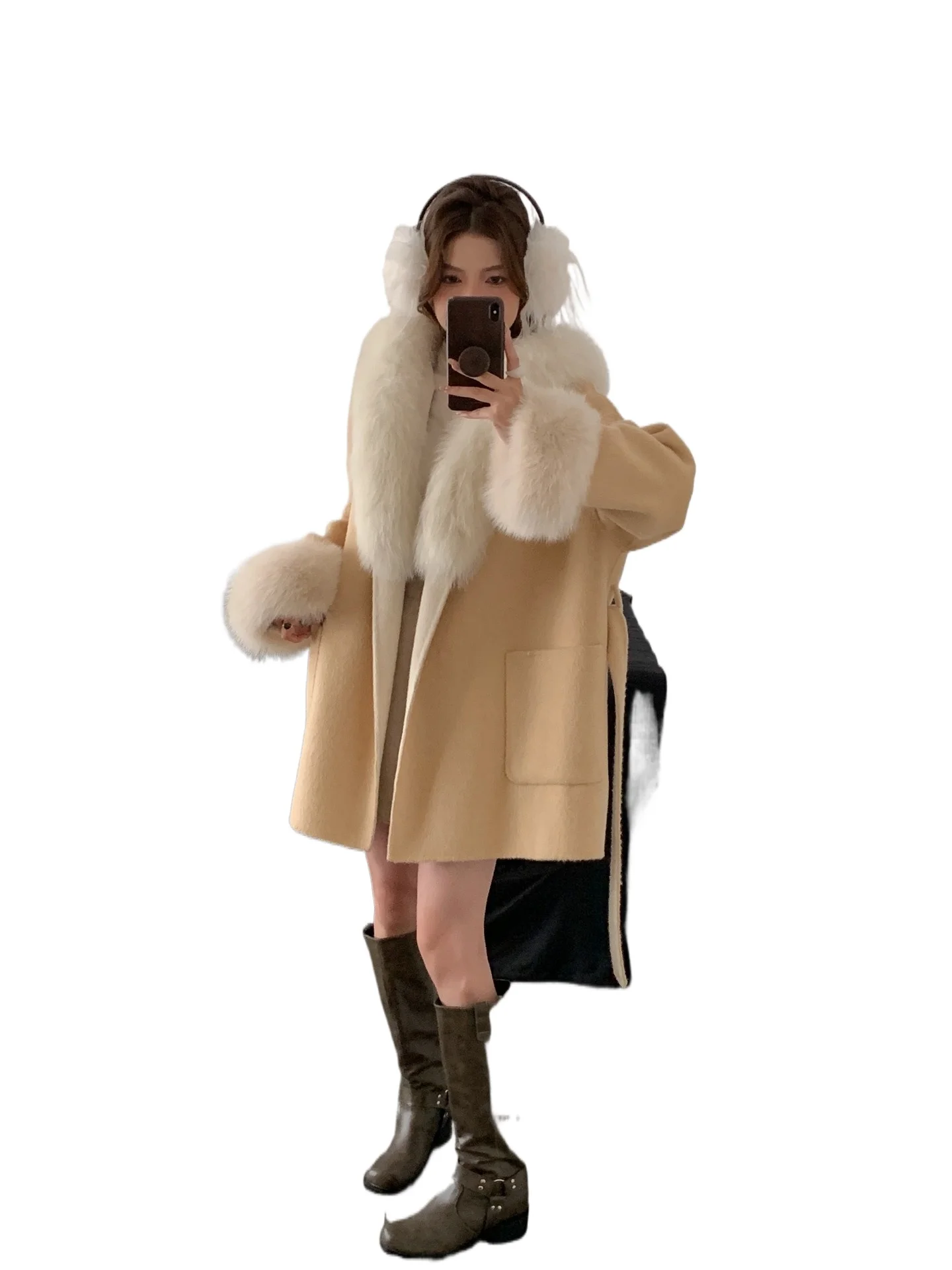 

Love daughter 2021, осенне-зимнее новое двустороннее шерстяное кашемировое пальто с воротником из лисьего меха и капюшоном, шерстяное женское пальто