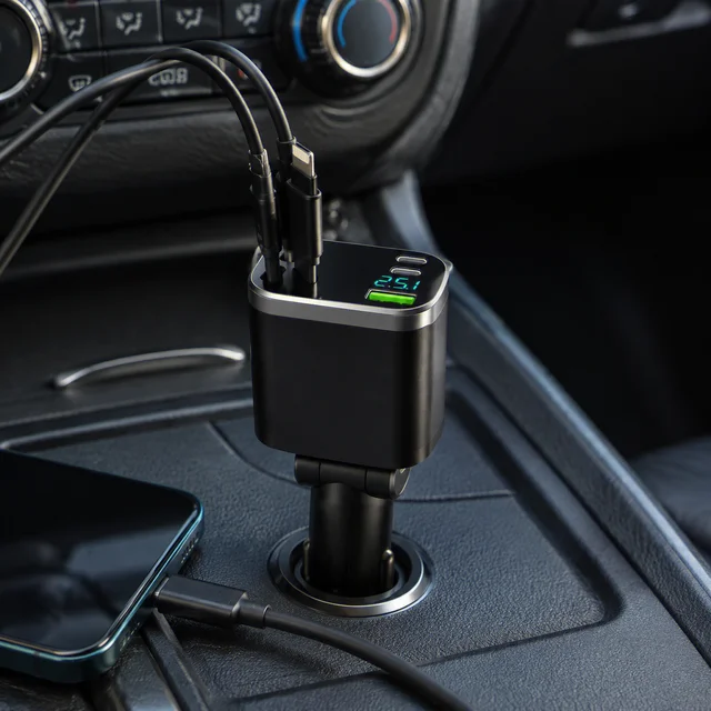 Digital display car charger with retractable cable car PD carcharging 5 Digital display car charger with retractable cable car PD carcharging 5