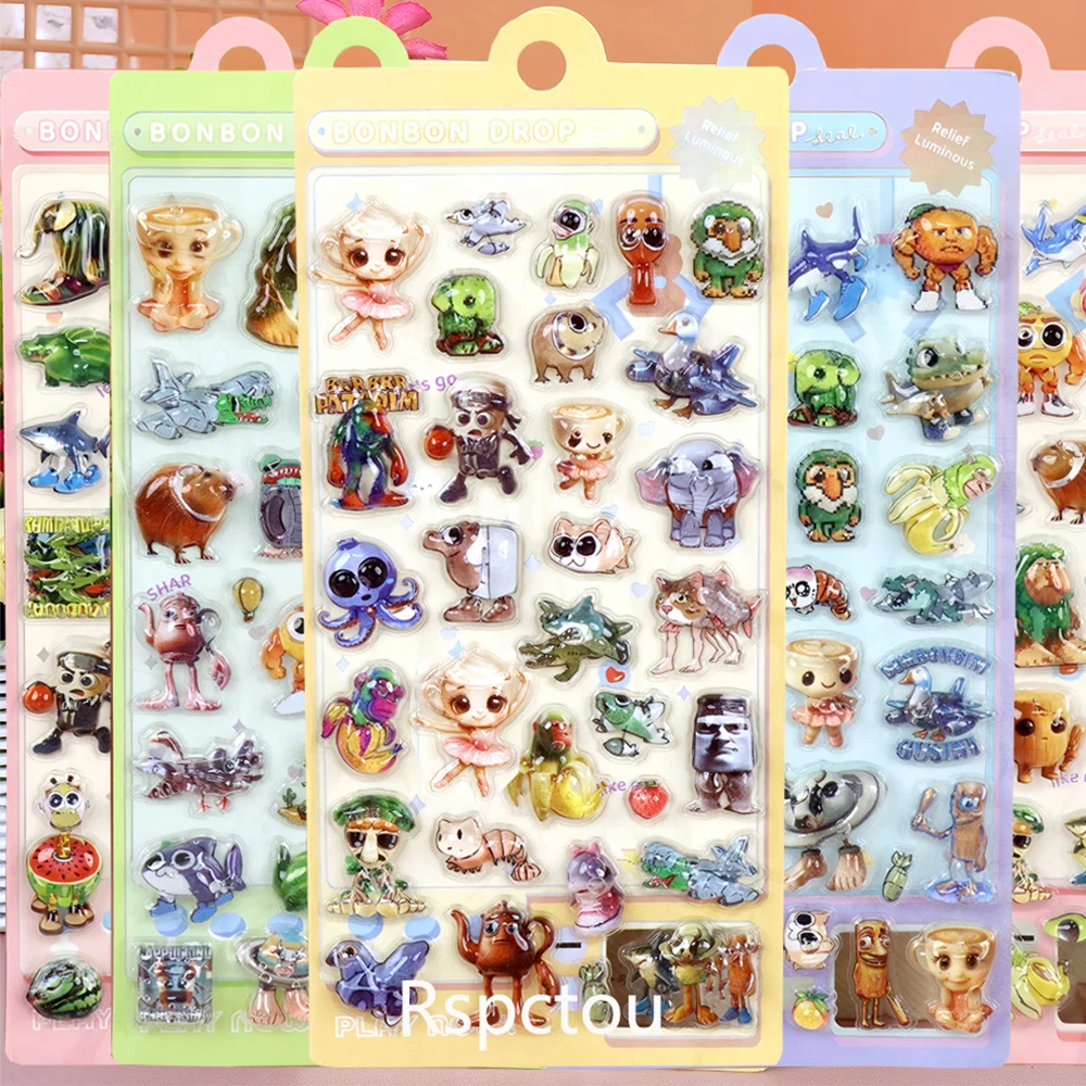 

4pcs Cartoon Abstract Animals 3D Relief Stickers Tung Tung Sahur Funny Italian Brainrot Bubble Sticker DIY Helmet Notebook Phone