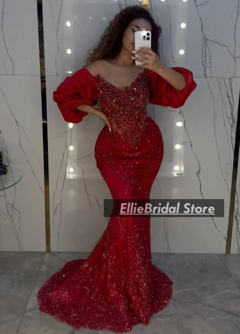 فساتين سهرة رسمية في دبي كريستال مطرز بالخرز من الساتان متواضعة ترتر حورية البحر فستان حفلات الزفاف فساتين الخطوبة حسب الطلب