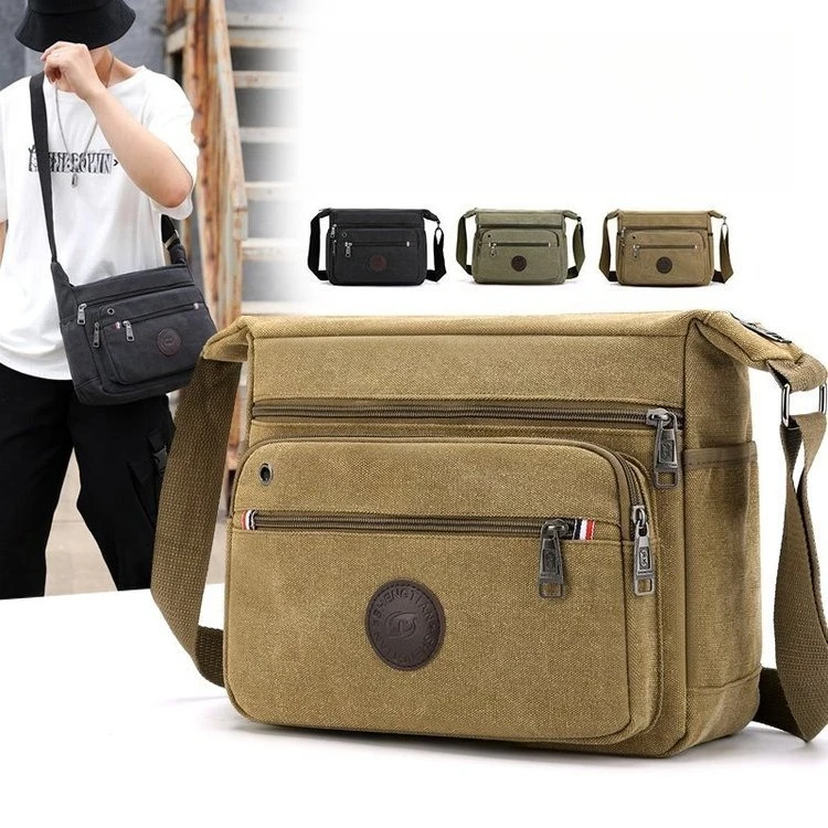 Men's large-capacity single-shoulder bag, wear-resistant canvas portable multi-layer storage square crossbody bag
