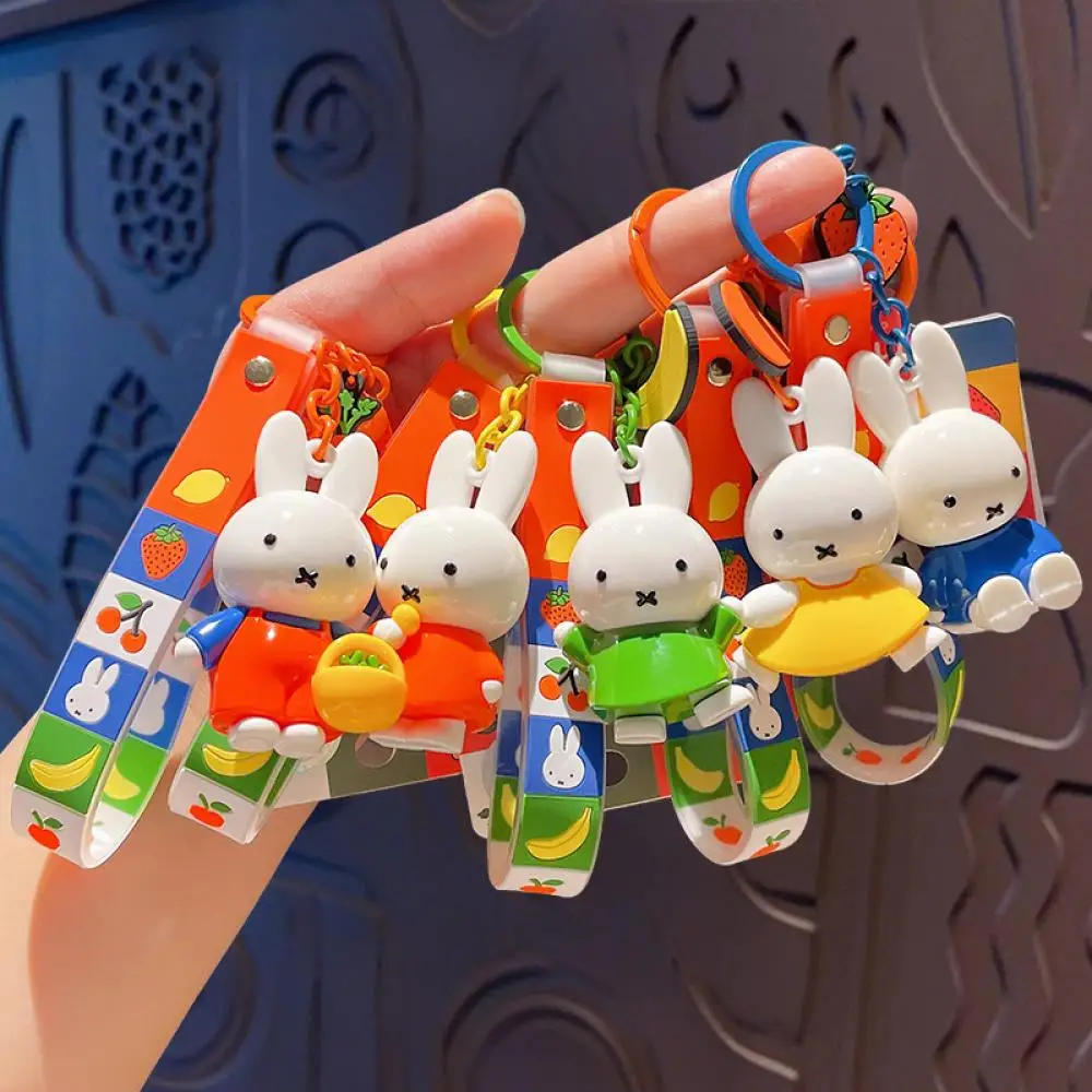 Miffy Rabbit Keychain Set Multi-color Fruit Pattern Plastic Key Ring With Lanyard Portable Bag Pendant For Keys Bags Phone Acces