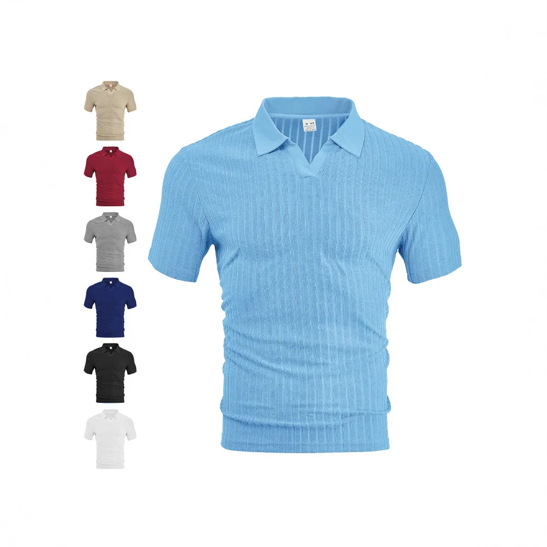 Men Vertical Ribbed Knit Polo Shirt V‑Open Collar Short Sleeve Solid Color Summer Casual Tops