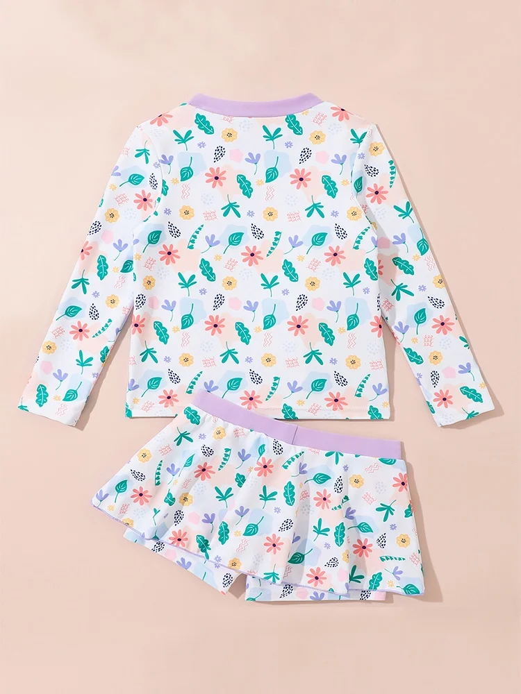 Girls Kids Swimsuit 2026 New Purple Flowers Long Sleeves Children Swimwear Summer 2 Piece Short Skirt Beach Bathing Suit Female