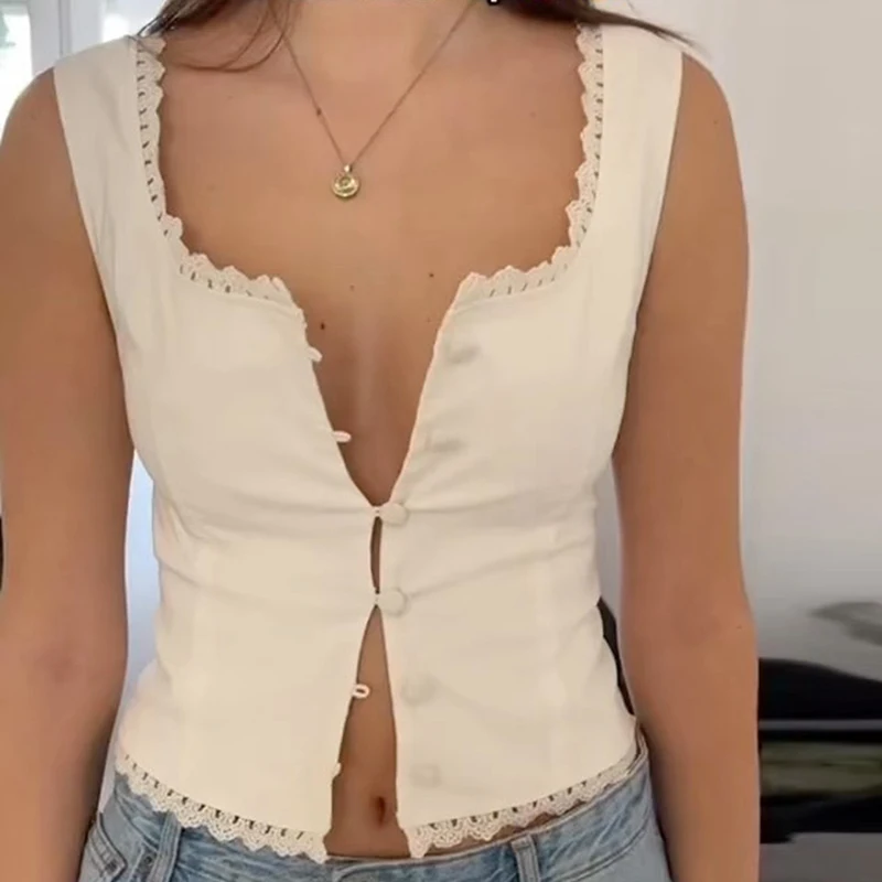 Süßeste Spitze Trim Button Up Crop Tops Y2k Fairycore Grunge Vintage weiße Tanktops Sommer ärmellose