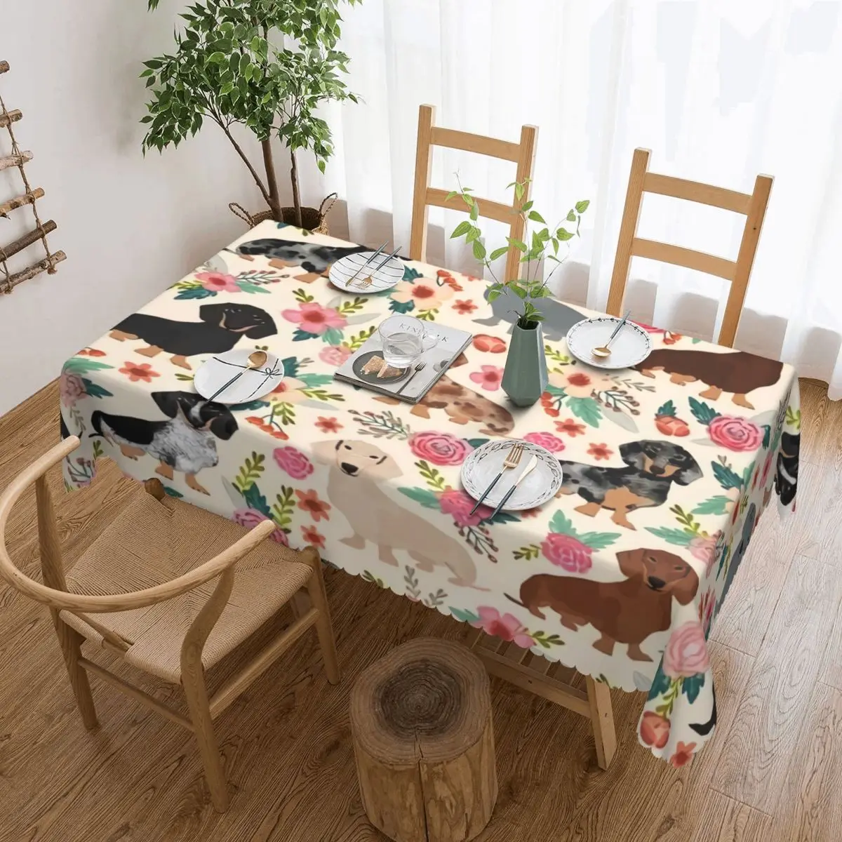 

Doxie Florals Dachshund Rectangular Tablecloth Oilproof Table Cloth Sausage Dog Lovers Table Covers