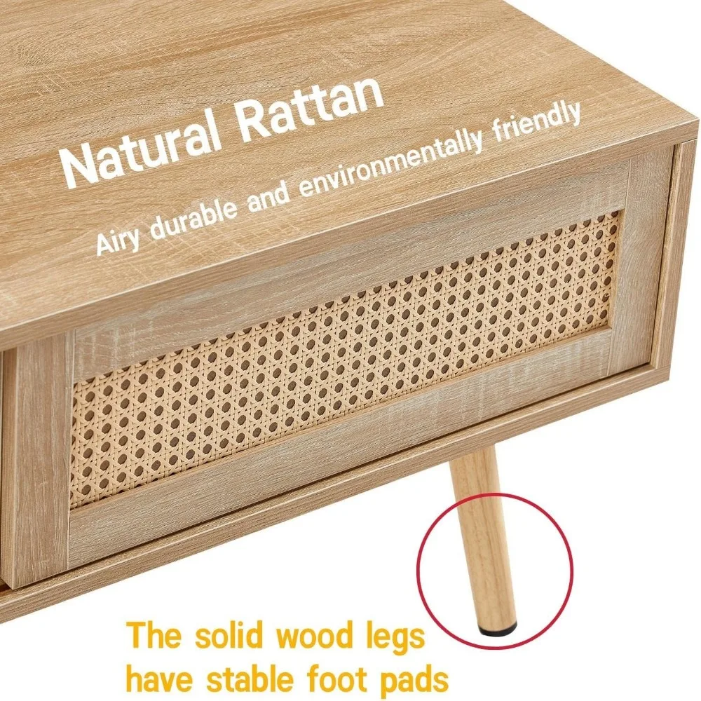 Mid-Century Modern Rattan Coffee Table with Sliding Doors and Open Storage for Living Room