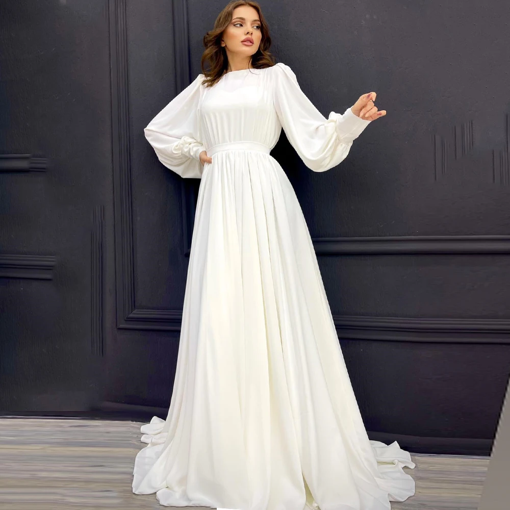 

Elegant Silk Chiffon Beach Wedding Dresses Long Sleeves Muslim Bride Gowns robe de mariée Arabic Ivory O Neck Bridal Gown Dress