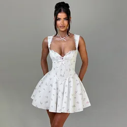 Fashion Slim Fit Short Bubble Dress Sleeveless Lace Up A Line Party Birthday Dresses Women 2024 Sexy Print Lace Corset Dresses
