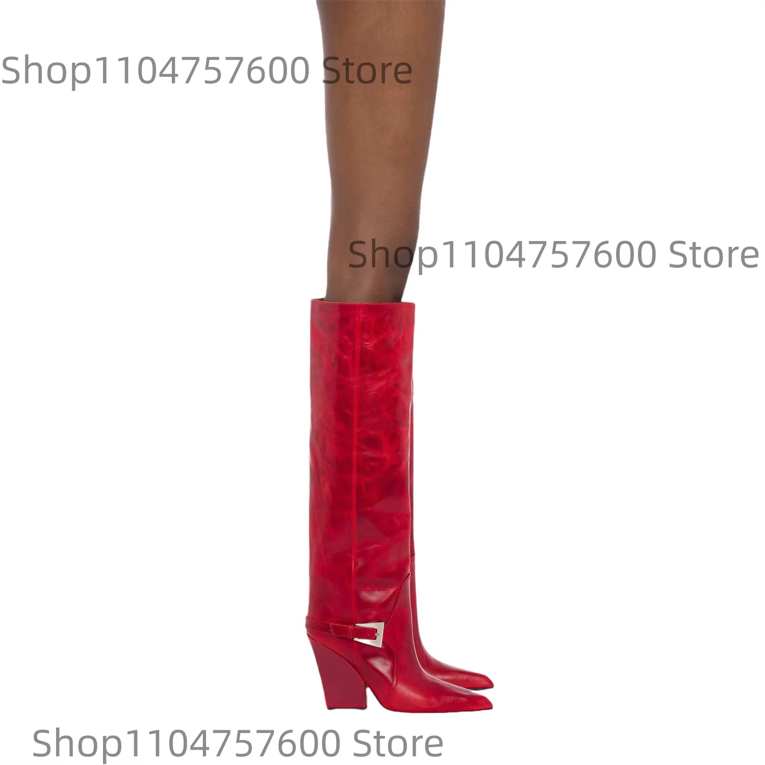 

Women's Red Leather Knee-High Boots Pointed Toe Square Heel Belt Buckle Decoration Slip-On Lady Stage Street Retro Elegant Botas