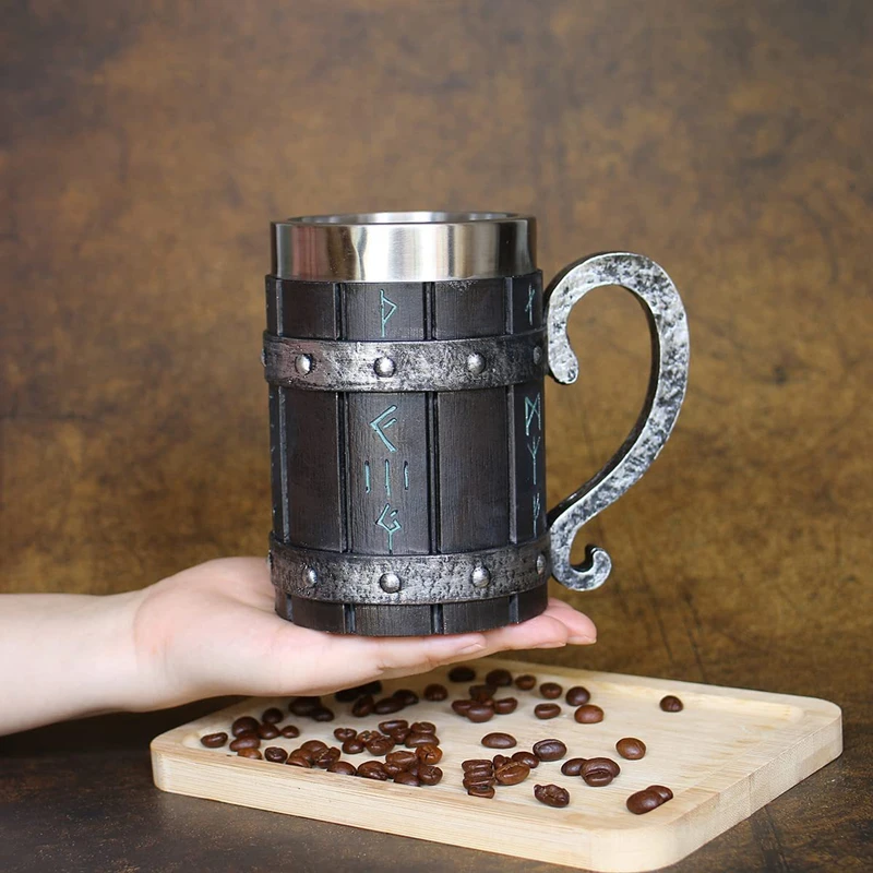 Resin Imitation 3D Oak Barrel Beer Mug Stein with Stainless Steel Liner Medieval Norse Viking Runes Symbol Coffee Drink Cup