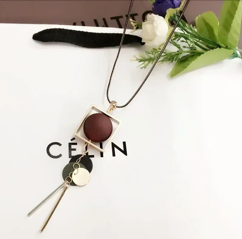 Korea Tassel Long Sweater Chain Necklace for Woman Moon Star Beaded Circle Pendant Snake Link Necklaces Geometric Square Jewelry