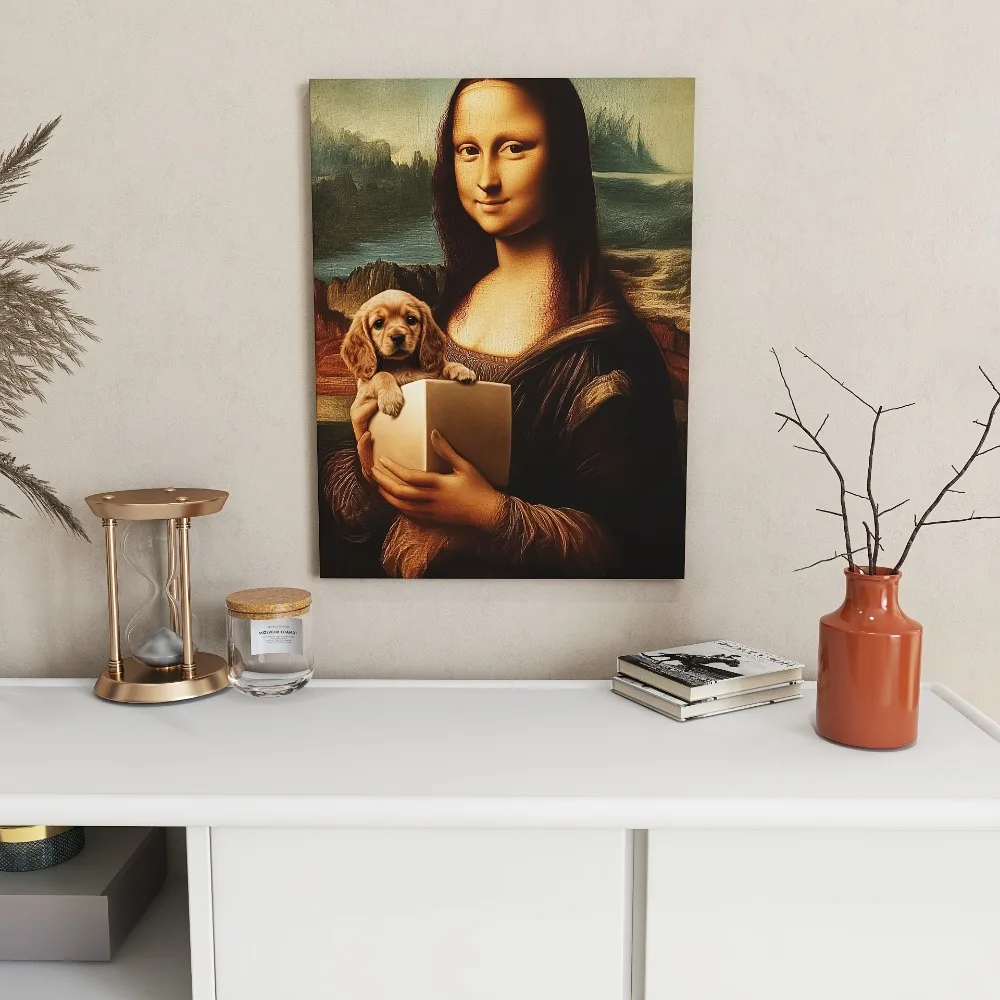 

Mona Lisa Canvas Wall Art with Dogs - Interior decor, 1.5 inch thick pine solid wood frame, warm and inviting aesthetic