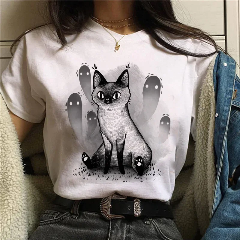 Halloween Cat Black Cat Trend Simple T-shirt Casual Retro Short-sleeved Women's T-shirt Tops  Graphic T Shirts Aesthetic Clothes