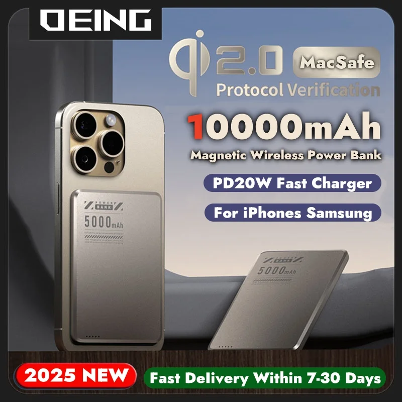 

10000mAh PD20W Macsafe Powerbank Ultra Thin Alloy External Auxiliary Battery Pack Qi2 Fast Charging Magnetic Wireless Power Bank