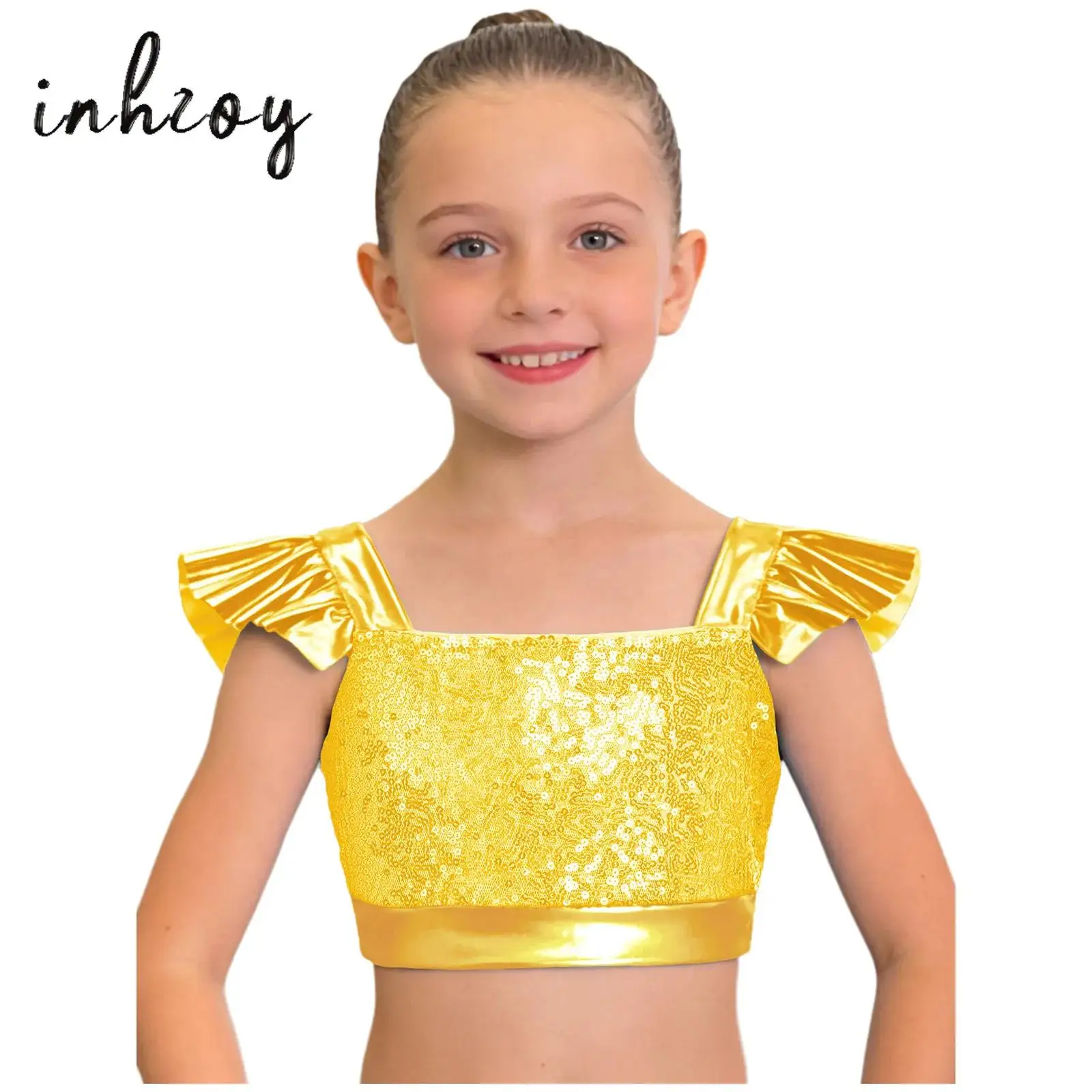 

Big Girls Hip-hop Glittery Sequins Tiered Ruffles Cropped Tops Jazz Street Dance Camisole for Stage Performance Clothes Costume