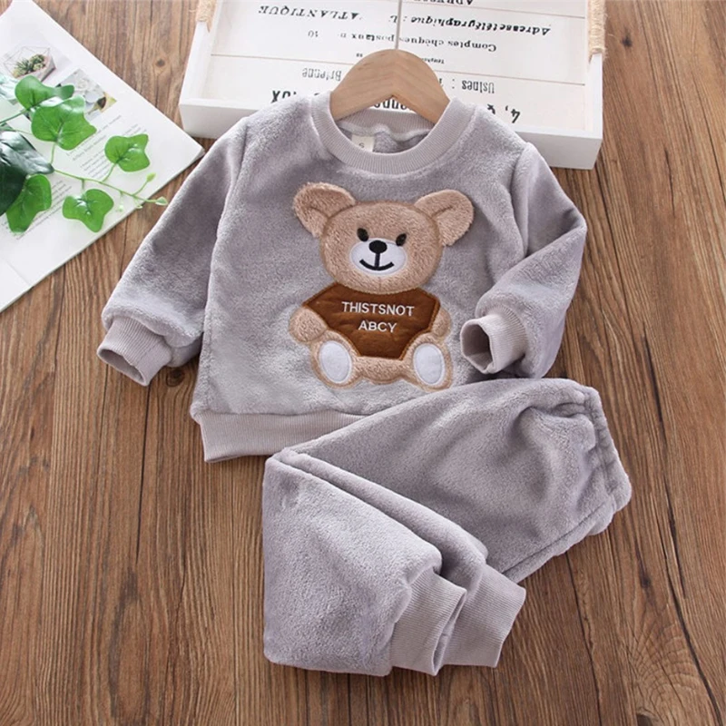 

2pcs Clothes Set Children Baby Flannel Velvet Warm Sleepwear Tops+Pants Cartoon Pajamas Boy Girl Suit Autumn Winter Outfits New