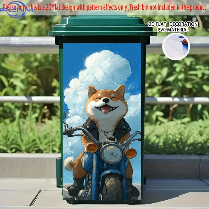 2D Flat Printing 1pc 2D Pattern Printed Kitchen Trash Can Sticker, xcm, Cute Dog Riding a Motorcycle Theme, Kitchen Home Decor