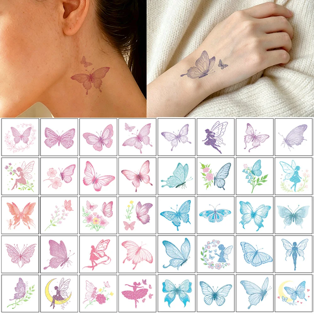 30pcs Glitter Temporary Tattoos Butterfly Flower Fairy Tattoo Stickers Hand Tattoo For Women Waterproof Fake Tattoo Body Decor