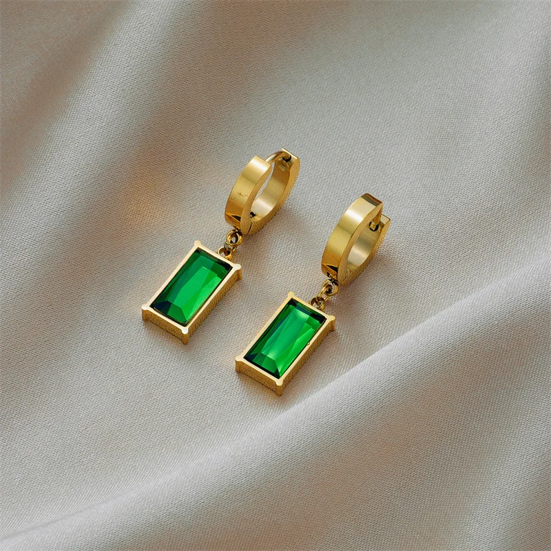 AKOL 316L Stainless Steel Rectangle Green Crystal Zircon Pendant Necklace Earrings For Women Fashion Party Jewelry Set image 3