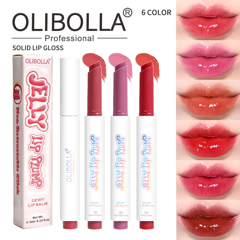 OLIBOLLA Jelly Lip Gloss de labios sólido regordete - Tipo de prensa, 6 colores, hidratante, acabado de espejo, bálsamo labial regordete para Dewy Pout