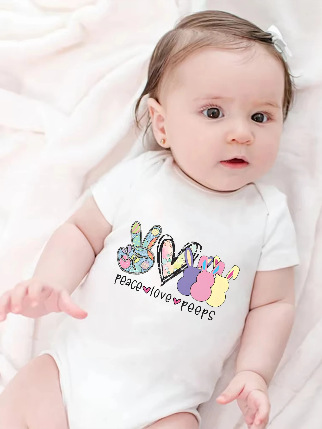 

Новый стиль 2026: Комбинезон для ползания с принтом Peace Love Peeps на пасхальную тематику, весна-лето, для малышей, удобный и дышащий, для прогулок на улице