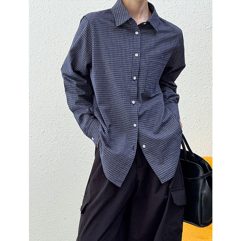 

Early autumn new Korean retro collar plaid shirt casual versatile