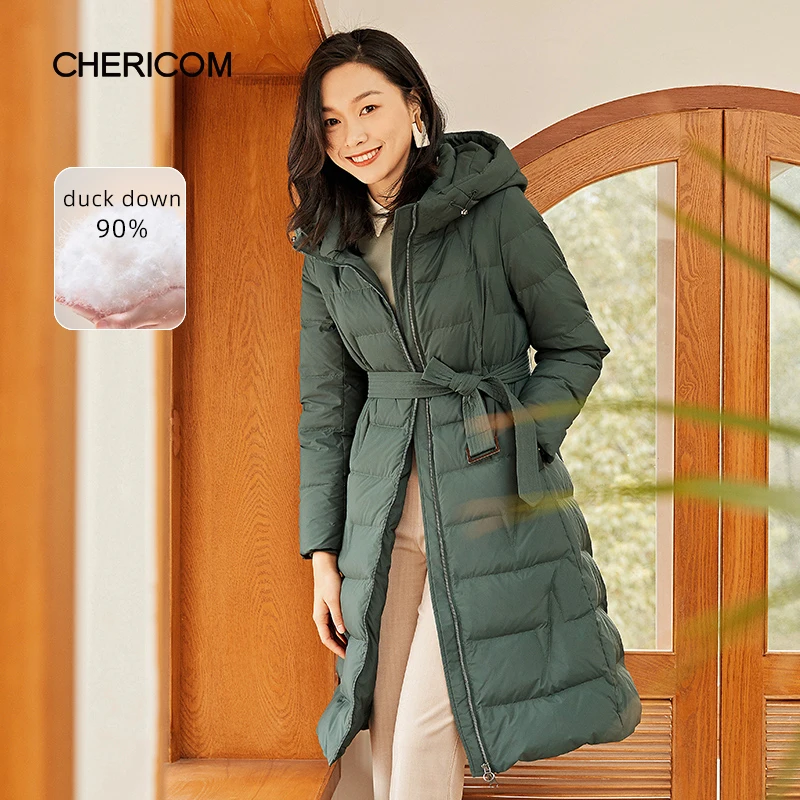 Chericom Winter Women's Long Over Knee Down Jacket New Duck Down Hooded Thick Warm Windproof Padded Jacket Slim Coats 269095