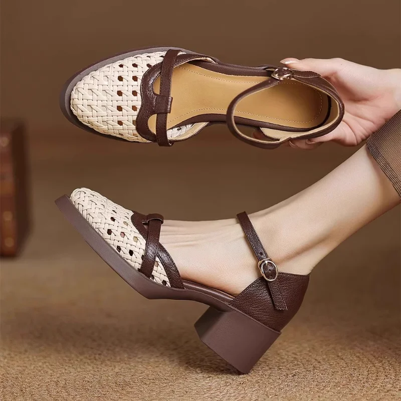 2025 صيف جديد المرأة جلد الغنم مضفر ستوكات المرقعة الصنادل 5 سنتيمتر كعب مكتنز منصة عادية أنثى ميد أحذية بكعب #1