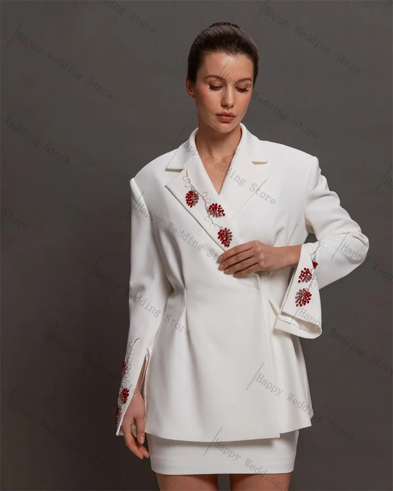 

Crystals Luxury Women Suit Skirt Set 2 Piece White Blazer+Short Prom Dress Formal Office Lady Jacket Customized Wedding Coat