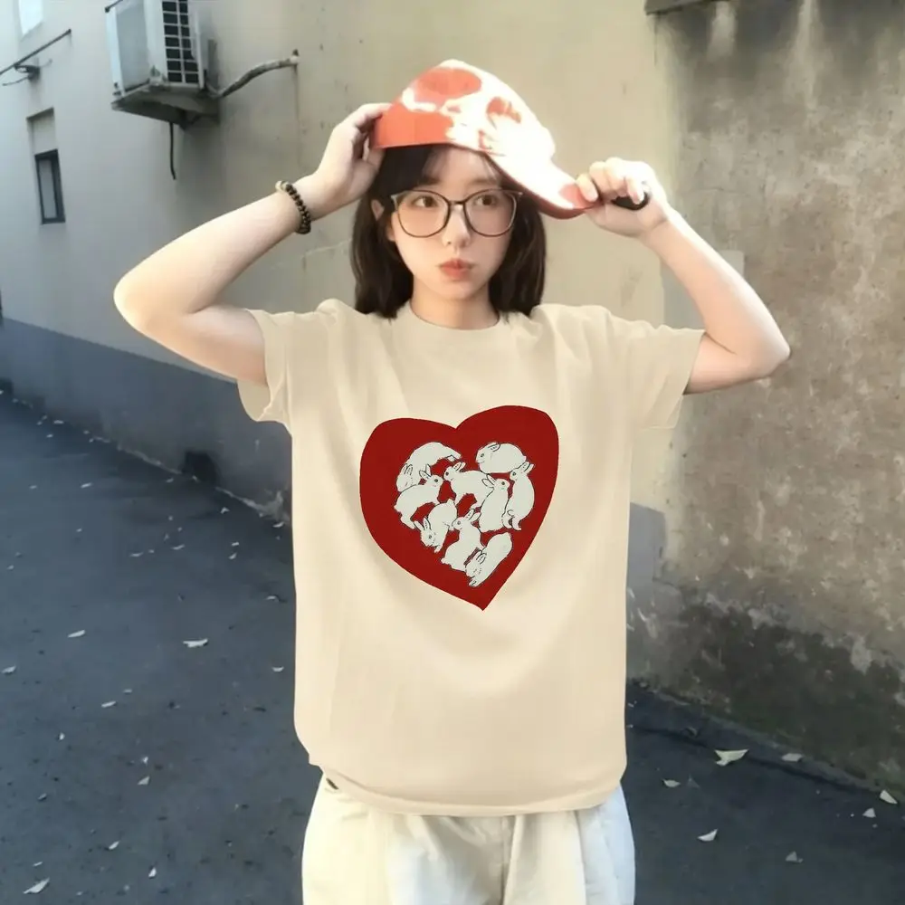 Y2k Rabbit Red Heart Graphic T-Shirt Women Summer Short Sleeve Animal Print Vintage Tops Female Casual Harajuku Street Clothes