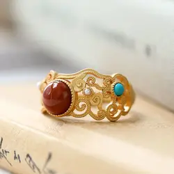 Natural Hotan red tourmaline open ring Chinese style retro palace geometric hollow out light luxury women's silver jewelry