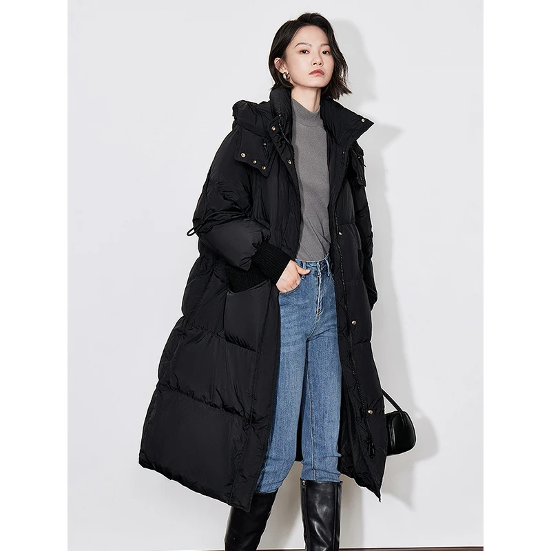 Toyoutth jaqueta feminina para baixo 2024 inverno novo com capuz gola alta zíper único breasted botão quente parkas preto casaco longo