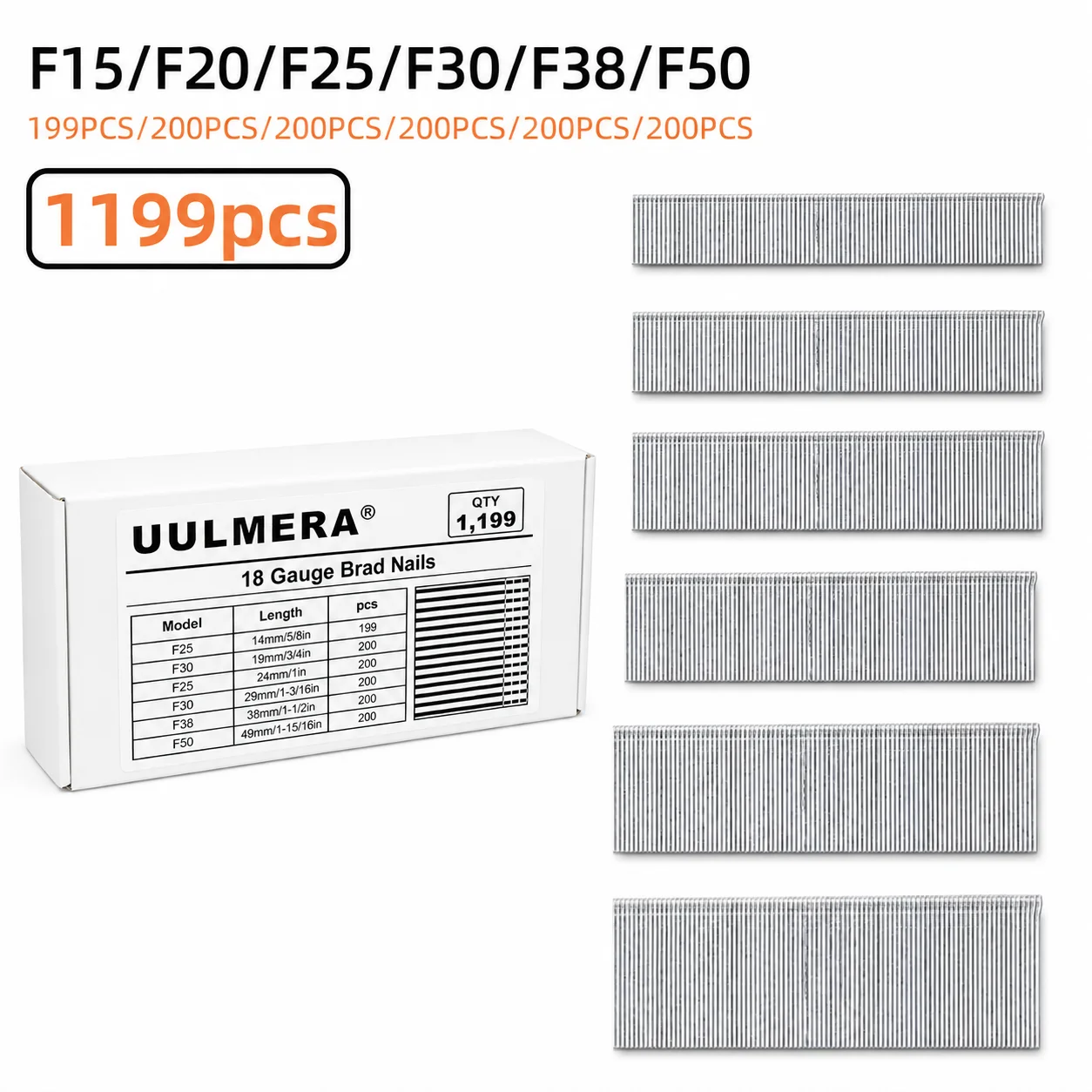1199pcs 18 Gauge Galvanized Brad Nails  6 Sizes：14mm-49mm Pneumatic Nail Gun Nails Compressed Head Hardware Nails Assortment Kit