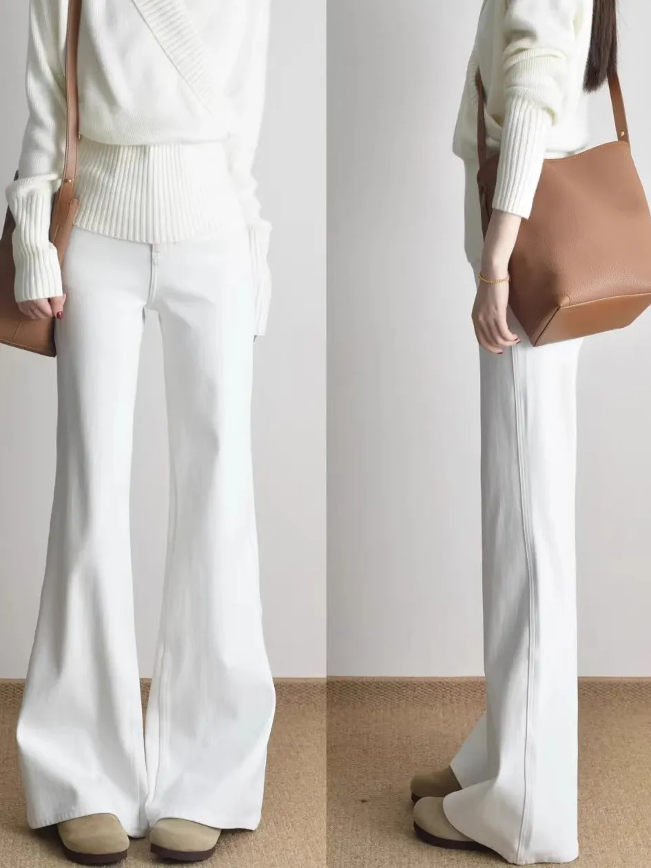 

Spring 2026 High Waist Flared Jeans Women's Slim Fit Cotton Stretch Denim Bootcut Pants White Waed Wear Resistant