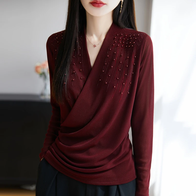 

Temperament Hot Diamond Nail Bead High Elastic Mesh Slimming Bottom Shirt Looks Thin, Fashionable Stylish Spring Top for Women