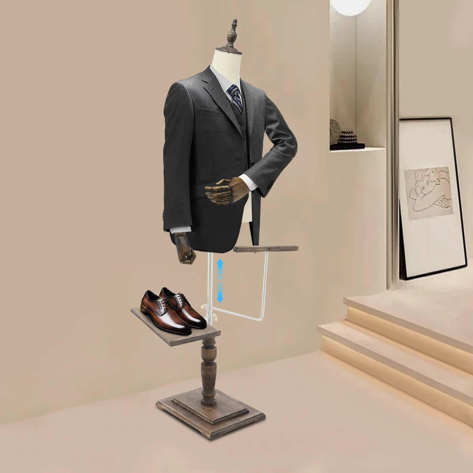 

Male Mannequin Torso W/ Wood Arm, Adjustable Height Torso Body W/ 180º Shoe Rack for Market Shop (Beige, 26.4" H)