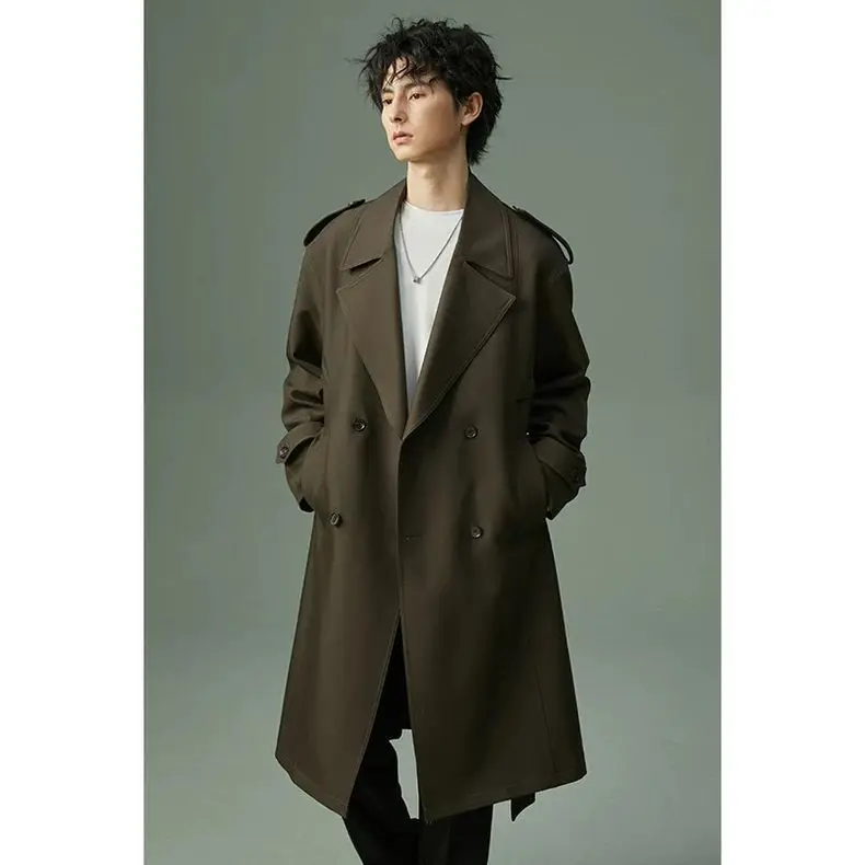 

Мужской тренч коричневого цвета для бодибилдеров, двусторонний, свободного кроя, в английском стиле, модная высококачественная одежда с длинными рукавами, облегающий крой.