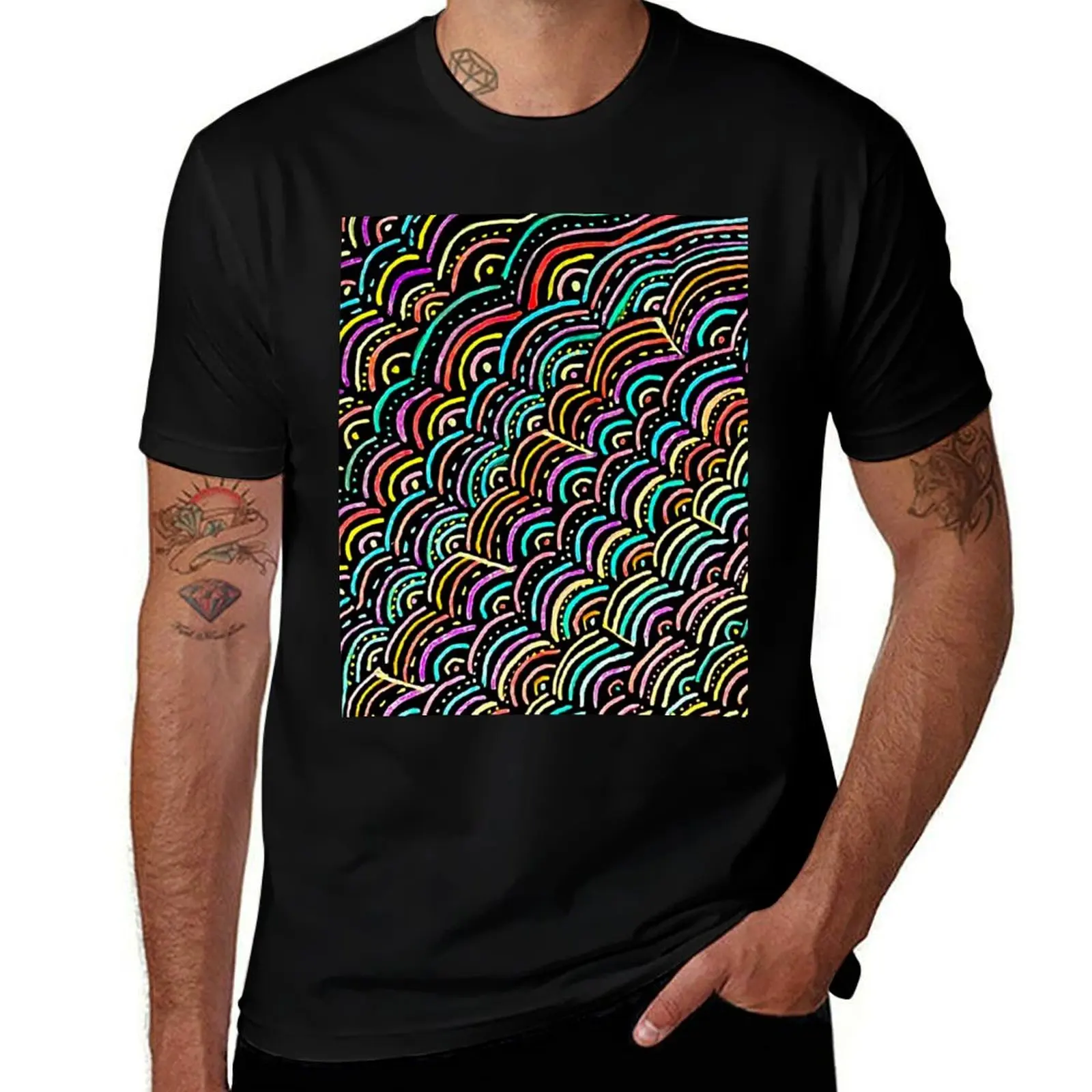 Rainbow Woven Explosion Pattern T-Shirt blue archive customizeds mens vintage t shirts