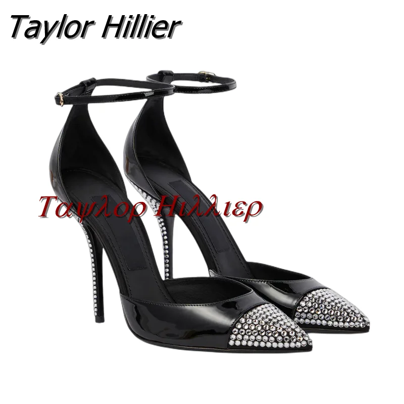 Spring Hot Sale Rhinestone Pumps Pointed Thin Heel Buckle Watch Strap Slim Sandals Black Top Quality Party Dress Women'S Shoes