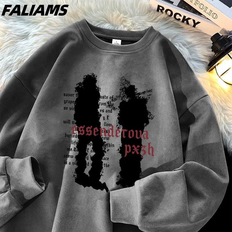 Suede American Retro Long Sleeved T-shirt for Men Trendy Loose Fit Printed Hoodie