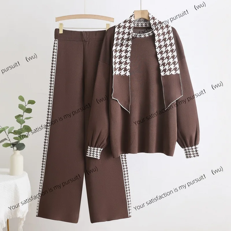 Setelan rajutan musim gugur dan musim dingin bergaya Eropa dan Amerika, atasan rajutan berpinggang tinggi yang elegan, celana lebar dengan ribuan pilihan.