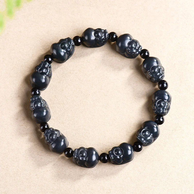 Natural Hetian Jade Ash Pixiu Stone Bead Bracelet Fashionable Unisex Jewelry