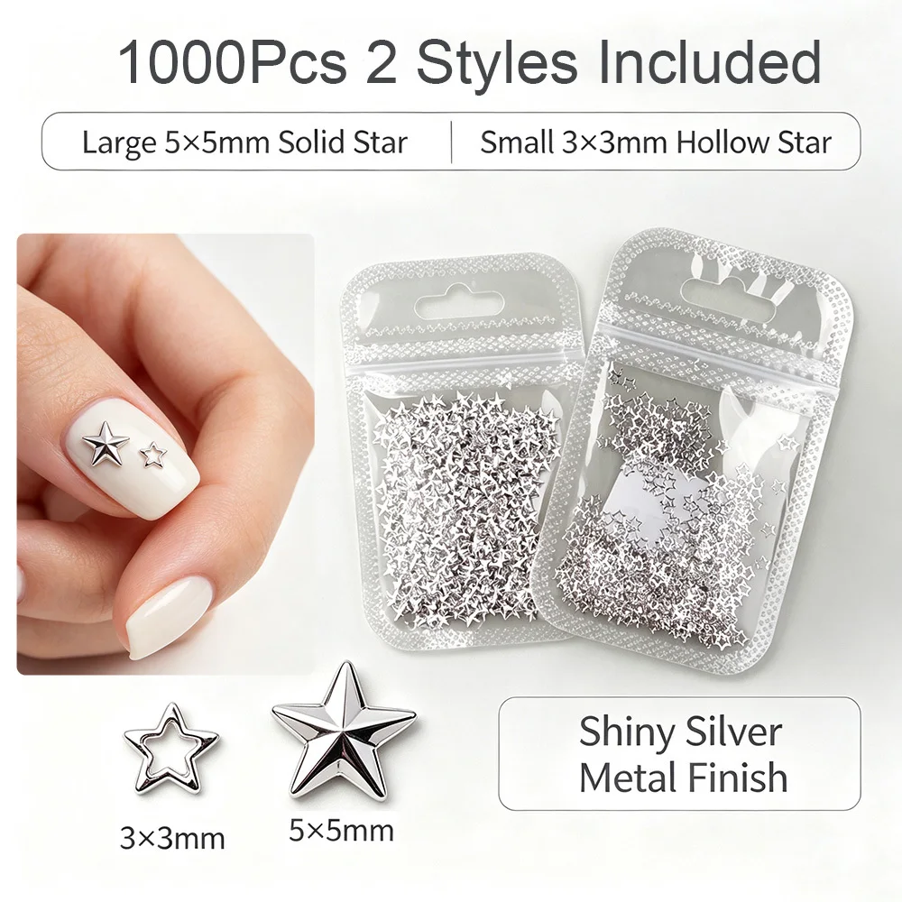 Approx. 1000 pcs Silver Star Nail Charms Mix 3×3mm Hollow Star & 5×5mm Solid 3D Star Metal Nail