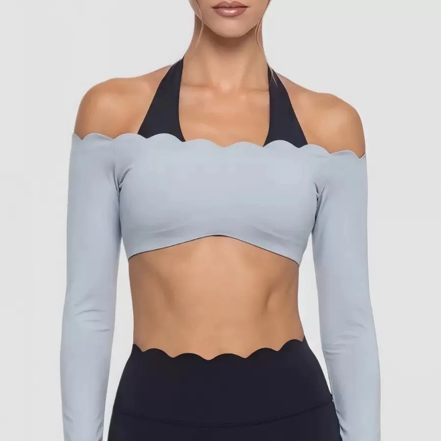 Lace Trim Short Long Sleeve Yoga Top Fake Two-Piece Sportswear Tight Breathable Pilates Fitness Workout Leggings For Women - Image 3