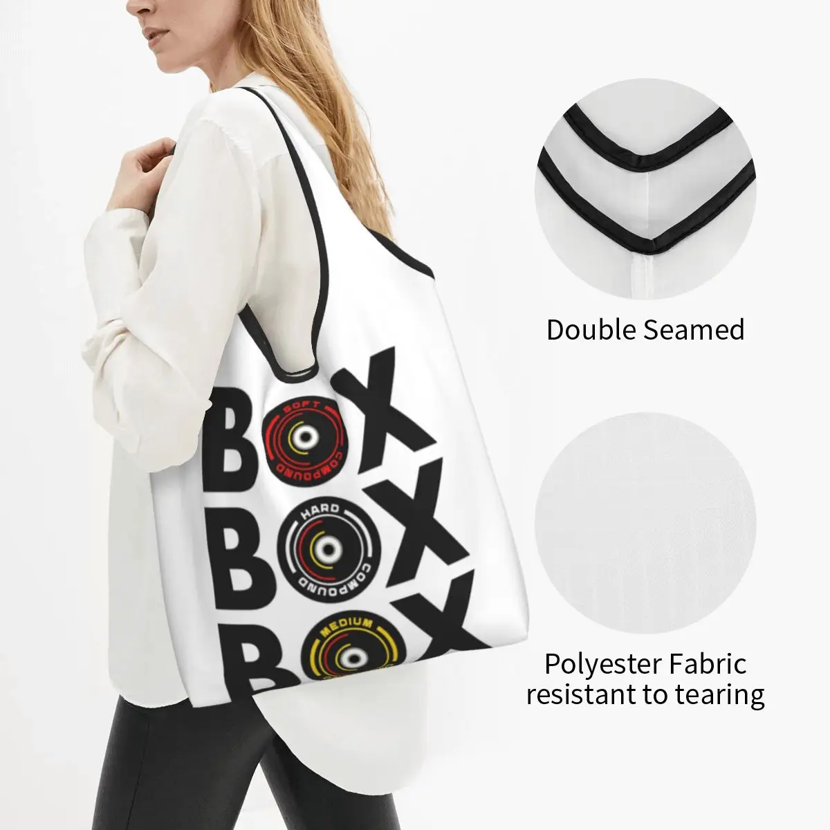 Box Box Box Infographic F1 Tyre Compound Design Portable Tote Shopping Bags Reusable Shopper Bag Grocery Handbag Shoulder Bag