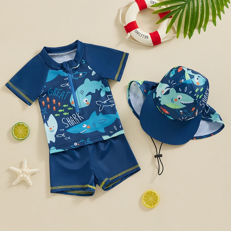 

Baby Kids Boys Rash Guard Set, Short Sleeve Dolphin Print Top with Shorts Hat Swimsuit Summer Swimwear