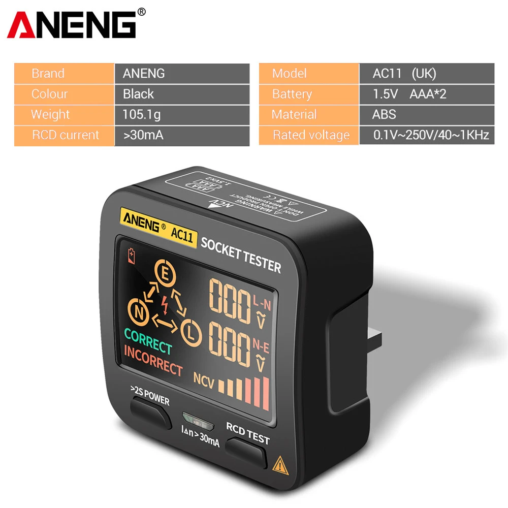 ANENG AC11 Voltage Test Socket Detector Ground Zero Line Phase Check Rcd NCV Test Digital Smart Socket Tester US/UK/EU Plug