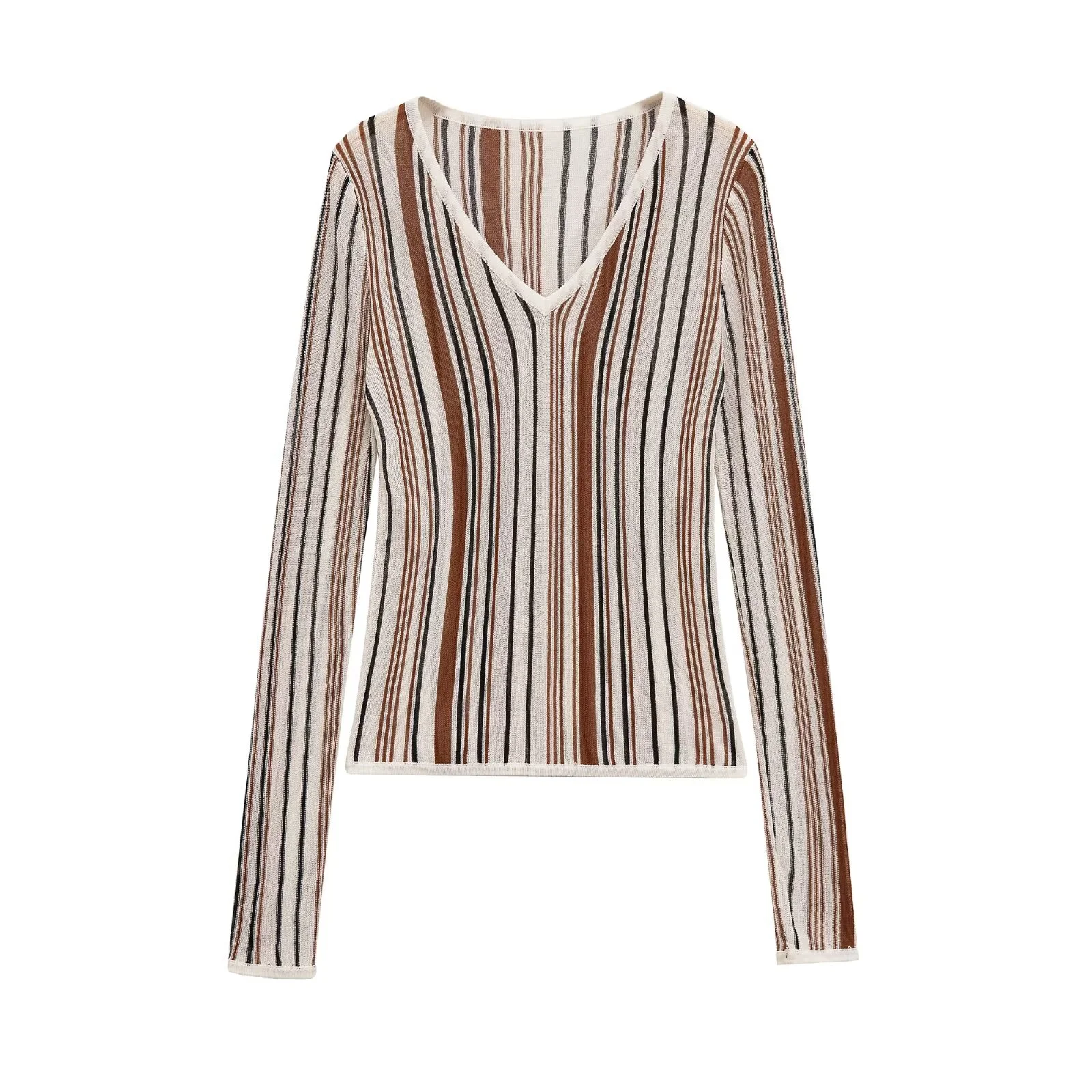 

PB&ZA2025 autumn new women's casual fashion simple temperament striped long-sleeved V-neck slim fit knitted top