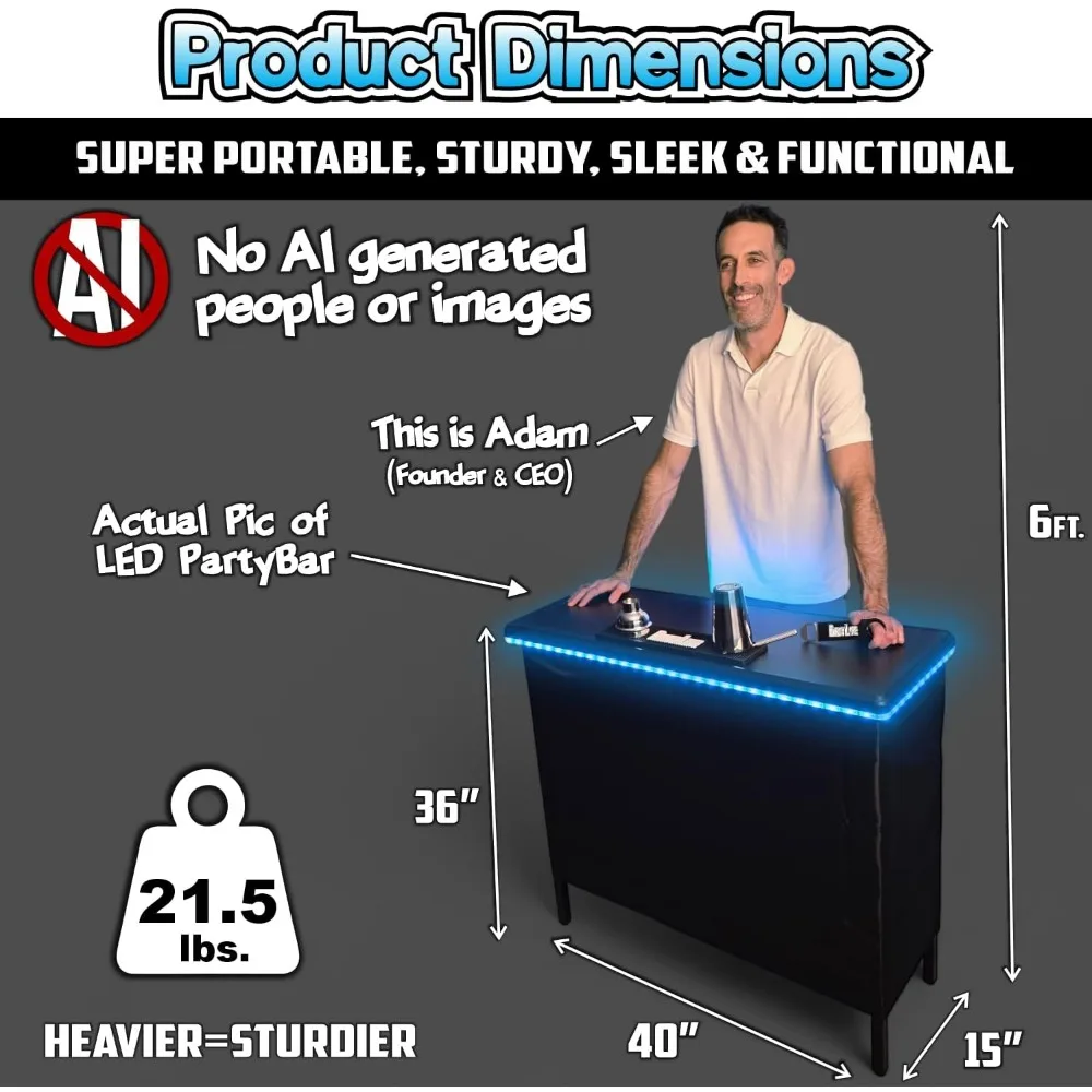 portable folding bar with led lights, wireless remote, dual bar skirts, storage shelf, and carrying case - black for outdoor ent